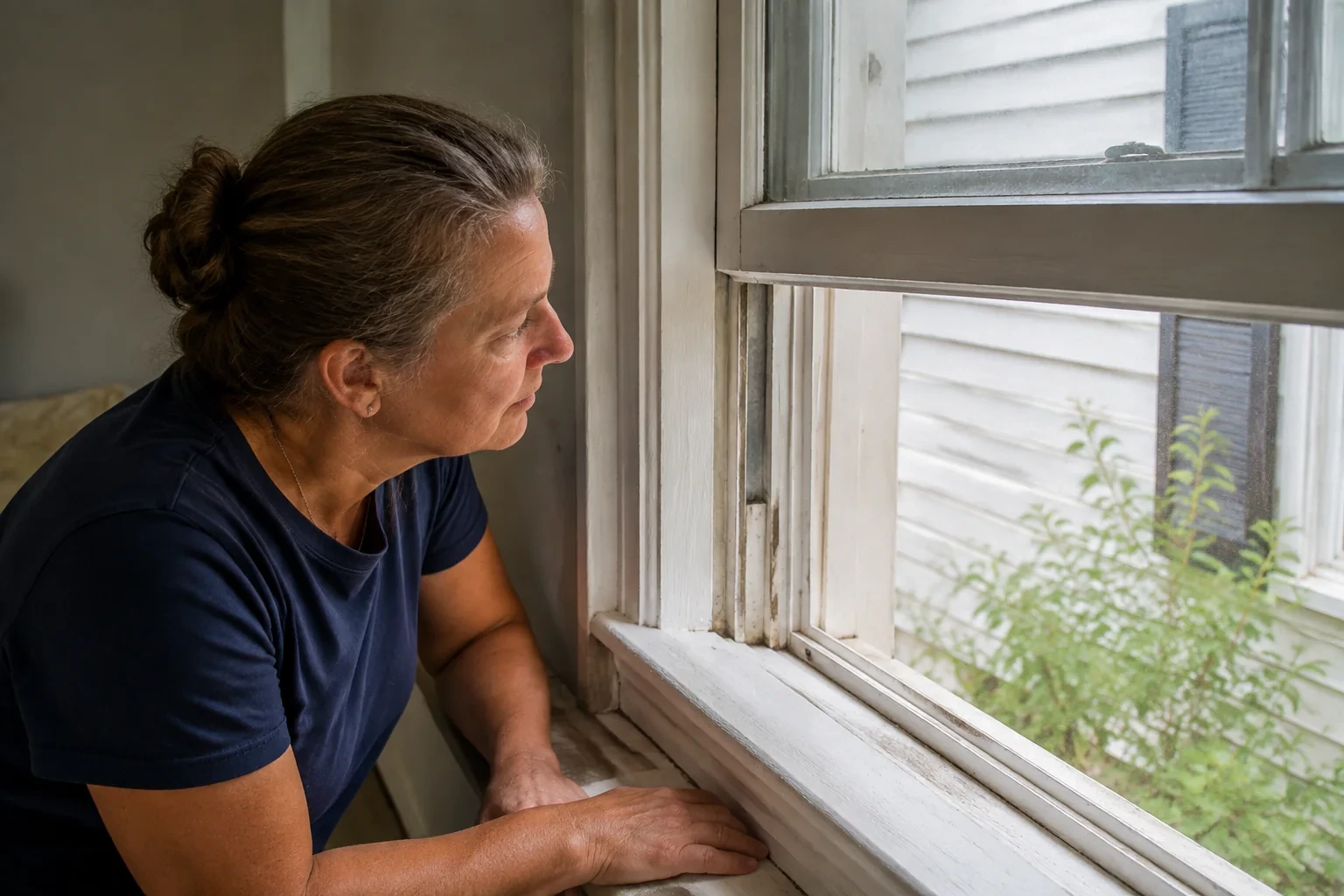 Woman examining the side channel beside a raised window sash.